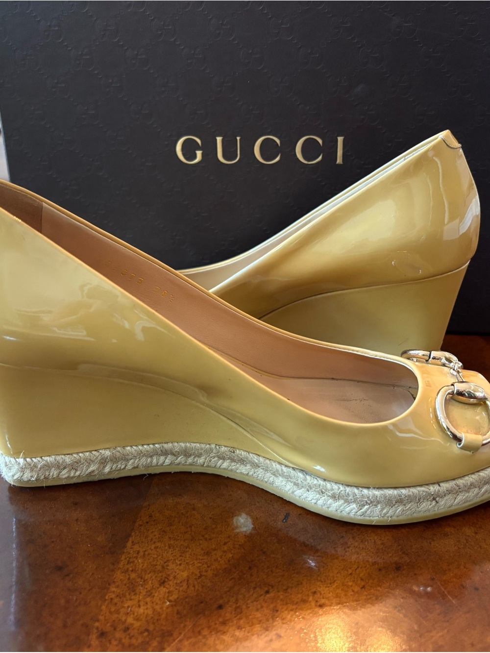 Gucci Patent Leather Wedge Espadrille in Pale Yellow with Horsebit